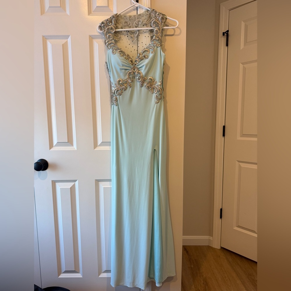 Elegant Madison James Light Blue Gown with Silver Embellishments